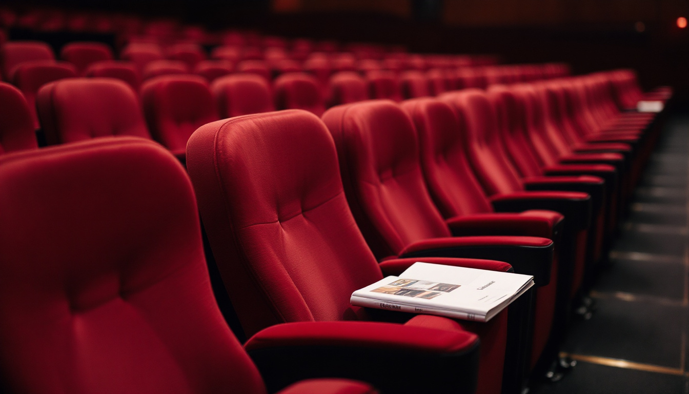 Reihen roter Theatersessel schräg von einem Gang aus gesehen.
