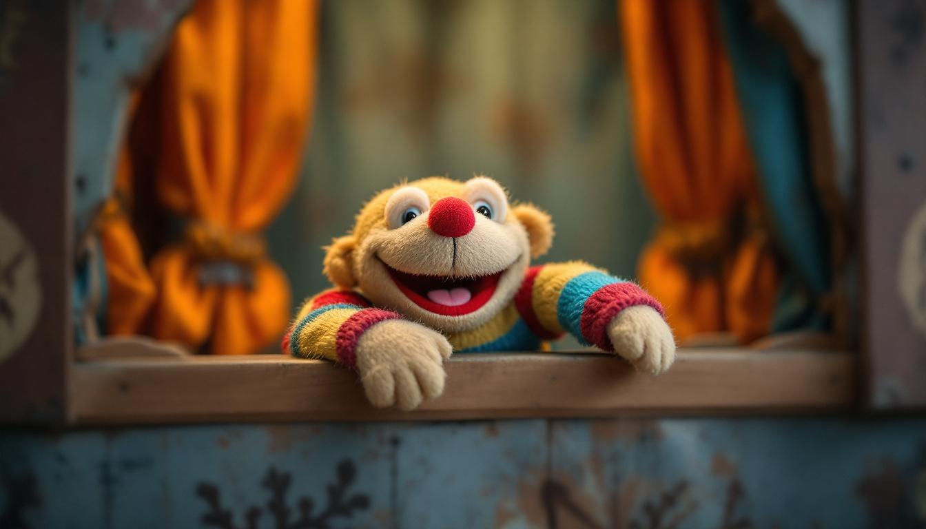 Bunte Handpuppe auf einer kleinen hölzernen Puppentheaterbühne.