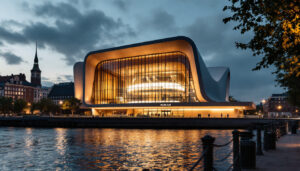Große moderne Musicalhalle an einem Flussufer einer deutschen Stadt am Abend.
