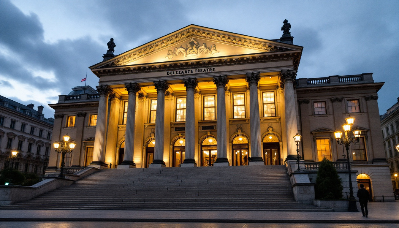 Beleuchtete klassizistische Fassade eines großen Staatstheaters in der Abenddämmerung.