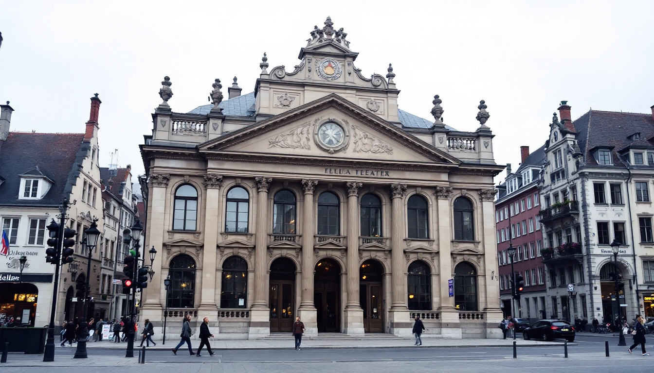 Historisches Theatergebäude mit verzierter Steinfassade an einem ruhigen Stadtplatz.