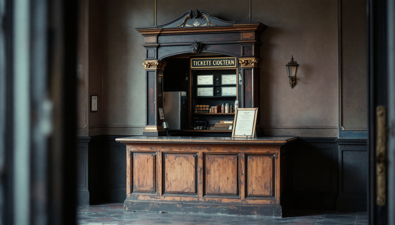 Kleiner Ticketschalter aus Holz mit Messingrahmen in einem Theaterfoyer.